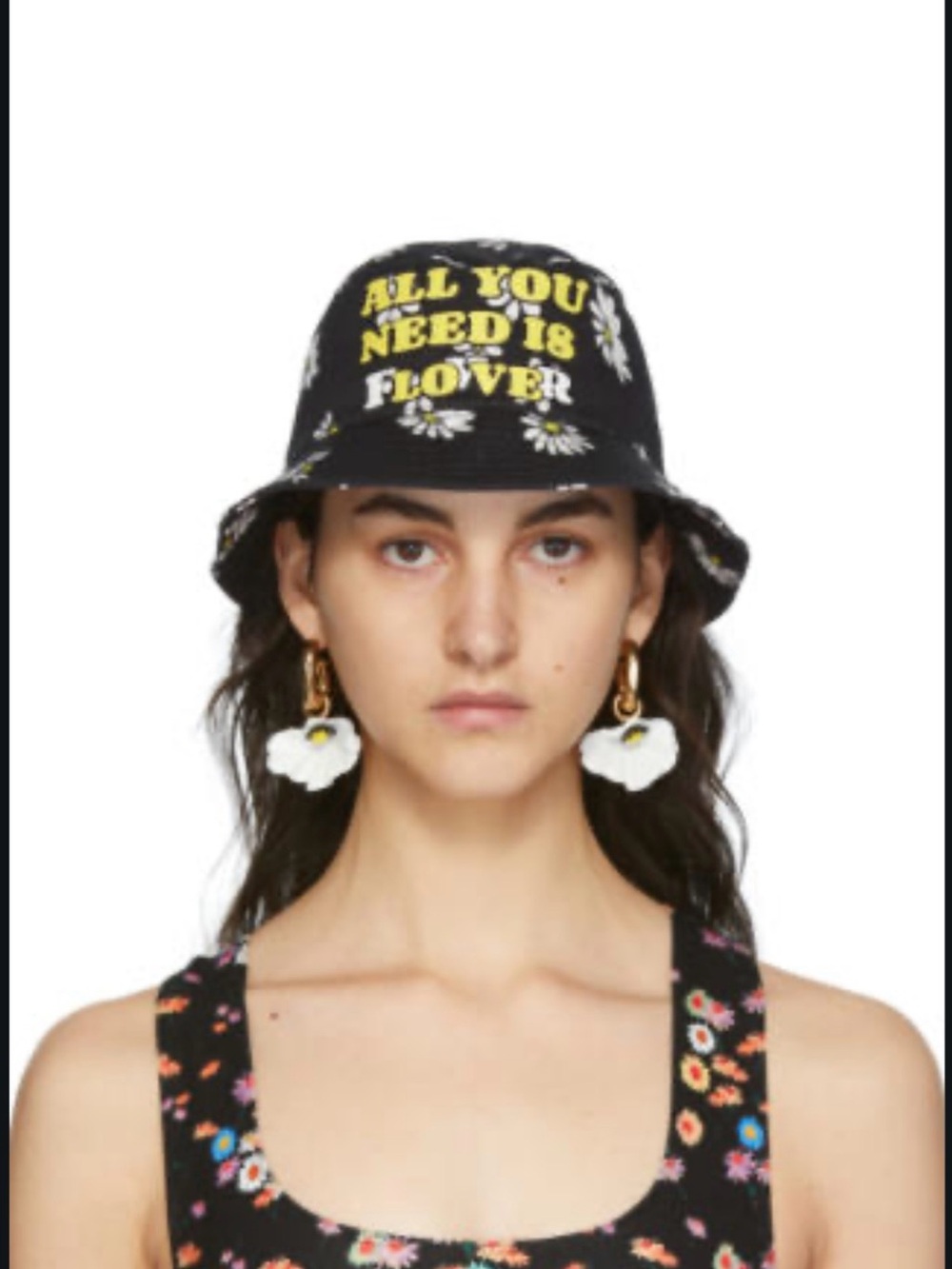 Paco Rabanne Black Bucket Hat with Yellow Text and White Daisy Motif